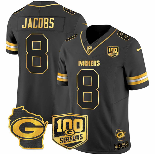 Men's Green Bay Packers #8 Josh Jacobs Black Gold F.U.S.E.100 seasons With Home Patch Limited Stitched Football Jersey